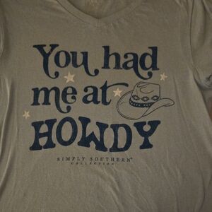 Simply Southern Gray Tee with Navy 'You Had Me At Howdy' Graphic
